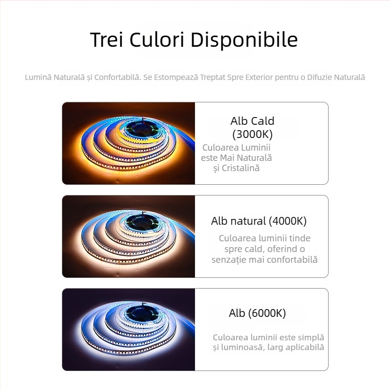 Bandă LED cu temperatură dublă a culorii și reglare inteligentă a intensității, 120/180 LED-uri, 12/24V DC, suporturi din cupru (5mm/8mm)
