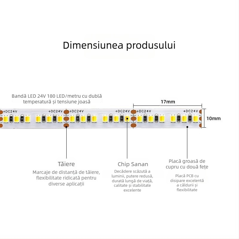 Bandă LED cu temperatură dublă a culorii și reglare inteligentă a intensității, 120/180 LED-uri, 12/24V DC, suporturi din cupru (5mm/8mm)
