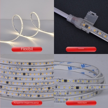 Bandă LED autoadezivă, 220V, LED-uri 2835, reglabilă, pentru interior, neimpermeabilă, fără transformator