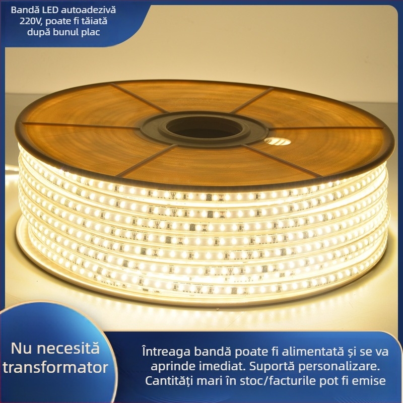 Bandă LED autoadezivă, 220V, LED-uri 2835, reglabilă, pentru interior, neimpermeabilă, fără transformator