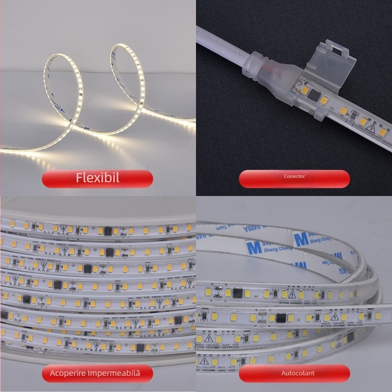 Bandă LED autoadezivă, 220V, LED-uri 2835, reglabilă, pentru interior, neimpermeabilă, fără transformator