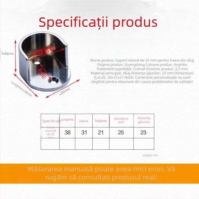 Suport flanșă 25 mm pentru dulapuri și garderobă, suport pentru șină de haine, hardware de mobilier durabil și îngroșat