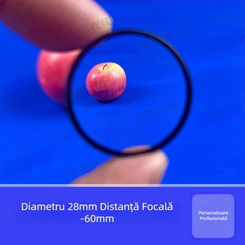 Lentilă concavă, diametrul 28 mm, distanța focală −60 mm, sticlă optic, lentilă cu prismă dublă pentru experimente studențești