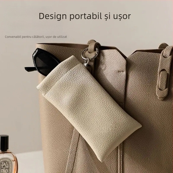 Husă din piele pentru ochelari de soare, cu lavetă pentru lentile, buzunar portabil de depozitare și închidere automată a compartimentului pentru carduri