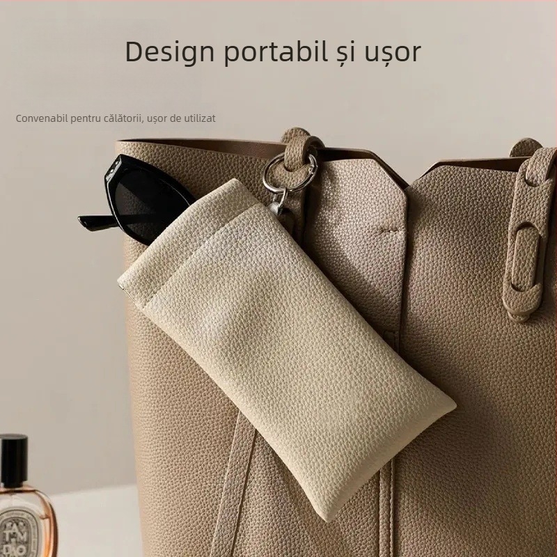 Husă din piele pentru ochelari de soare, cu lavetă pentru lentile, buzunar portabil de depozitare și închidere automată a compartimentului pentru carduri
