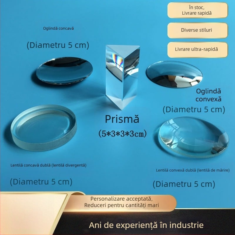 Set optic din cinci piese pentru copii: oglindă convexă, prismă triunghiulară, oglindă concavă, lentilă concavă și lentilă convexă