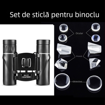 Binoclu 8x21 cu sistem de cale optic, lentile din sticlă optică, ocular, prismă, obiectiv — set complet