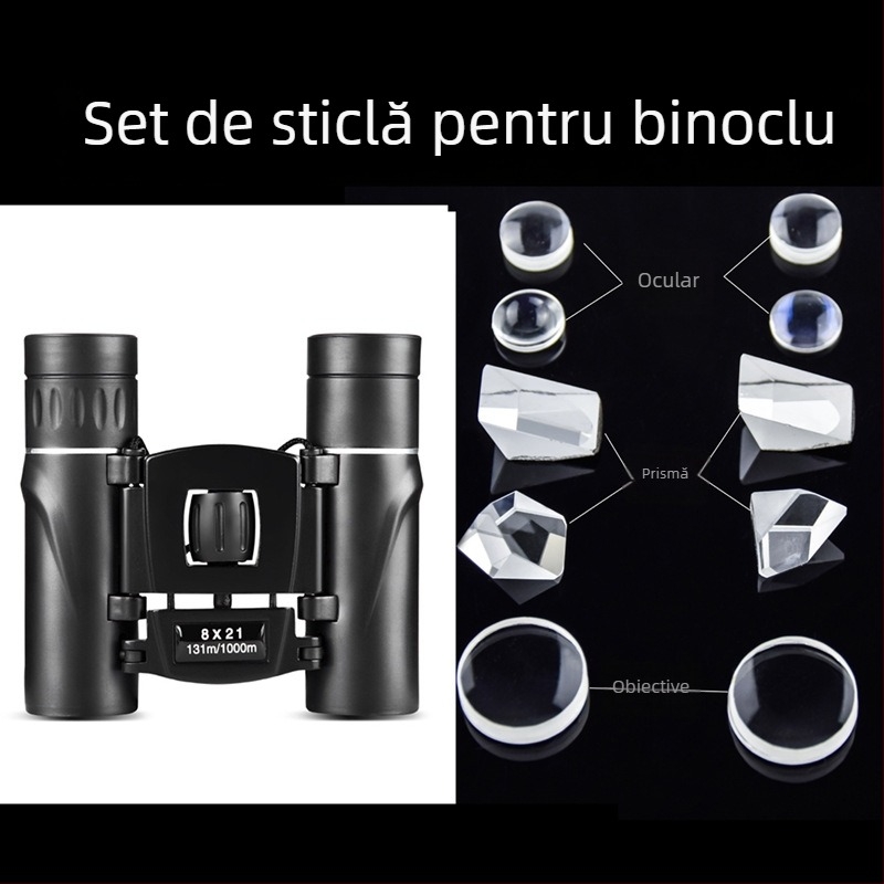 Binoclu 8x21 cu sistem de cale optic, lentile din sticlă optică, ocular, prismă, obiectiv — set complet