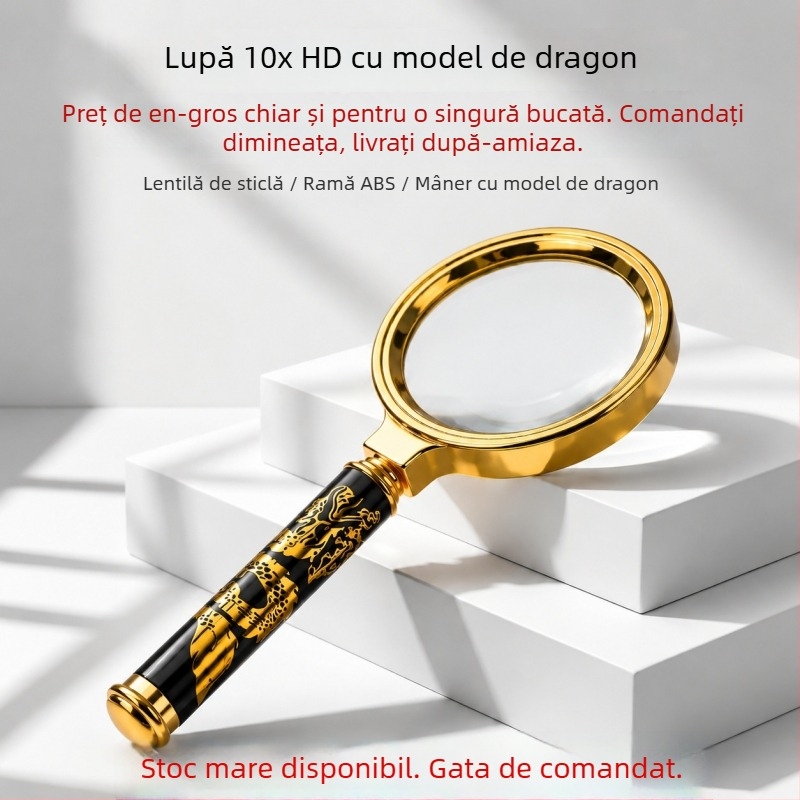 Lupă de mână 10x cu sticlă optic de înaltă definiție, pentru vârstnici, cu motiv dragon