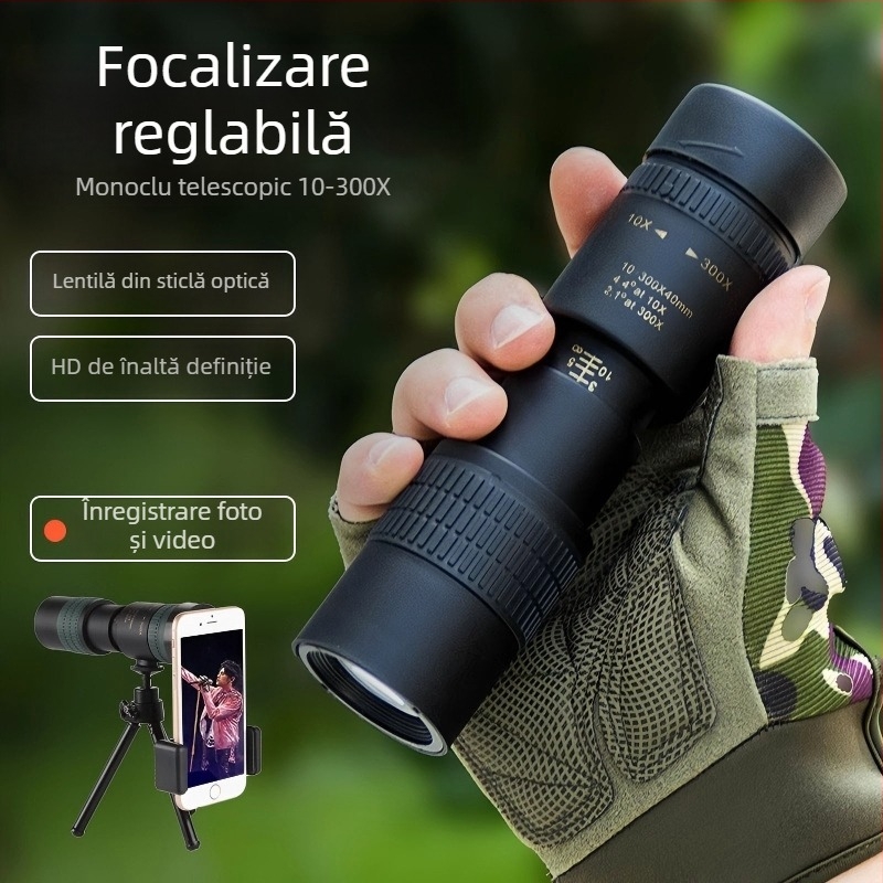 Telescop monocular cu zoom 10–300×40, HD, profesional, portabil, pentru fotografiere cu telefonul