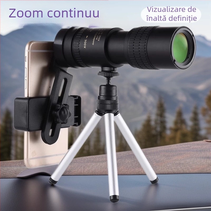 Telescop monocular cu zoom 10–300×40, HD, profesional, portabil, pentru fotografiere cu telefonul