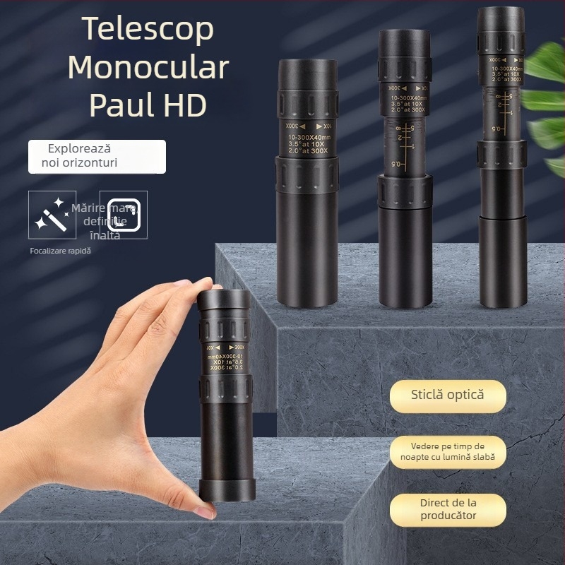 Telescop monocular, zoom 10–300x, obiectiv de 40 mm, portabil pentru fotografii cu telefonul