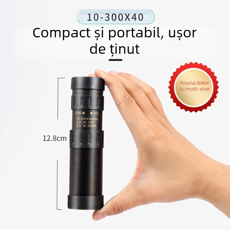 Telescop monocular, zoom 10–300x, obiectiv de 40 mm, portabil pentru fotografii cu telefonul