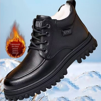Pantofi din piele pentru bărbați, iarnă, înălți la gleznă, căptușeală de fleece, ghete de zăpadă cu talpă groasă