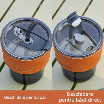 Pahar din sticlă cu design în segmente de bambus, cu pai, pahar dublu pentru băut, cadou ideal
