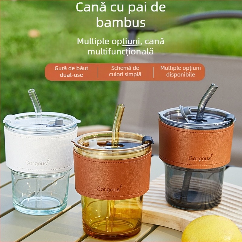 Pahar din sticlă cu design în segmente de bambus, cu pai, pahar dublu pentru băut, cadou ideal