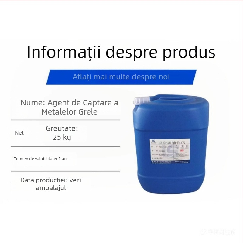 Agent solid pentru captarea metalelor grele din apa uzată a instalațiilor de electroplacare și a industriei de semiconductori; elimină cadmiu, nichel, cupru și taliu.
