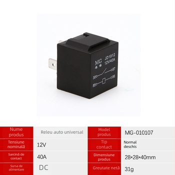 Releu auto JD1912, 12V/24V, 4 pini, bază metalică, normal deschis, 40A, pentru utilizare auto