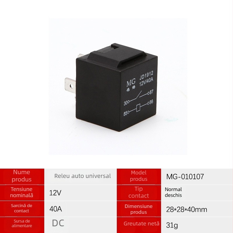 Releu auto JD1912, 12V/24V, 4 pini, bază metalică, normal deschis, 40A, pentru utilizare auto