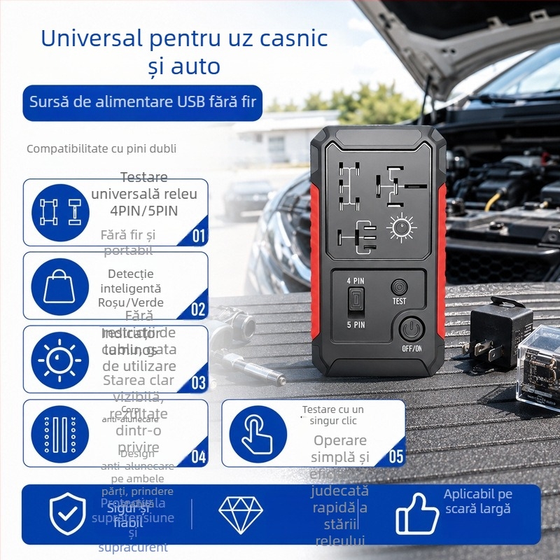 Detector relee auto USB, versiune 12V universal, sigur și stabil, baterie litiu portabilă, compatibil cu uneltele de service auto