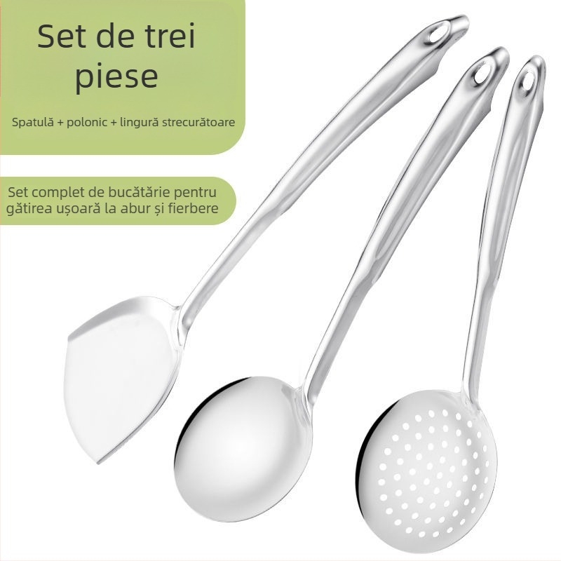 Set de ustensile de bucătărie din oțel inoxidabil: spatulă, lingură de supă, lingură cu găuri, lingură de strecurare, lingură pentru terci