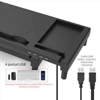 KM01 Suport ABS pentru monitor cu înălțare și spațiu de stocare, încărcare USB, suport pentru laptop, dimensiuni 52.5×23×7.5 cm