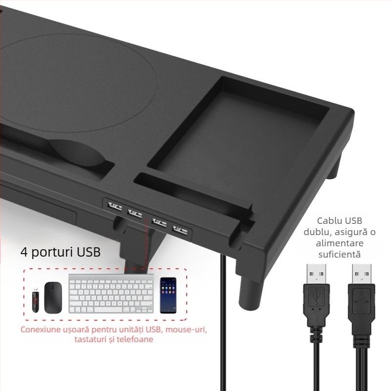 KM01 Suport ABS pentru monitor cu înălțare și spațiu de stocare, încărcare USB, suport pentru laptop, dimensiuni 52.5×23×7.5 cm