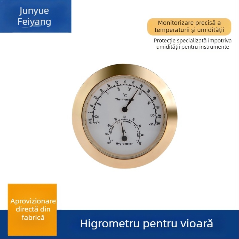 Higrometru pentru vioară, temperatură și umiditate, carcasă din oțel inoxidabil, mecanism german, culoare aurie