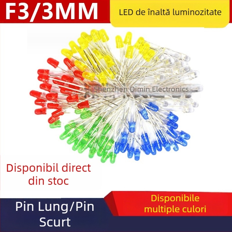 Mărgele LED F3 3 mm cu conectare directă, luminozitate înaltă albă și culori roșu, albastru, galben, portocaliu și verde smarald