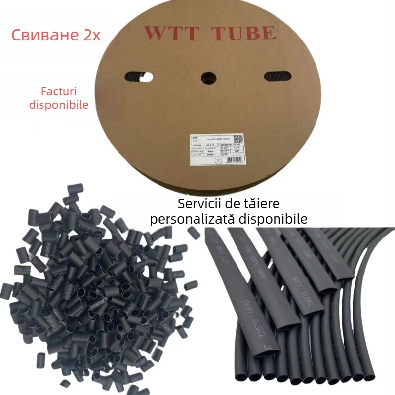 Tub termocontractibil din silicon, negru, pentru cabluri și componente, izolație impermeabilă, VW-1, 125°C, 0,6 kV, ROHS