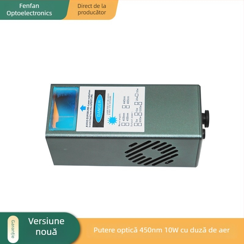 Laser albastru cu fascicul ultrafinem, focalizare fixă, 450 nm, 10 W, control PWM, alimentare 12 V, sistem cu două ventilatoare