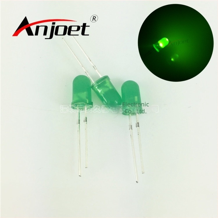 LED verde de 5 mm cu pini drepți, cap rotund, tijele scurte, lumină verde smarald F5