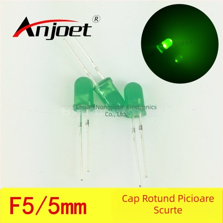 LED verde de 5 mm cu pini drepți, cap rotund, tijele scurte, lumină verde smarald F5