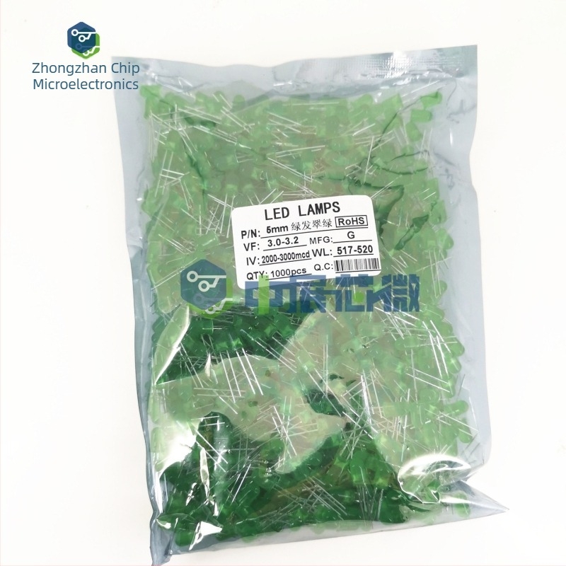 LED verde de 5 mm cu pini drepți, cap rotund, tijele scurte, lumină verde smarald F5
