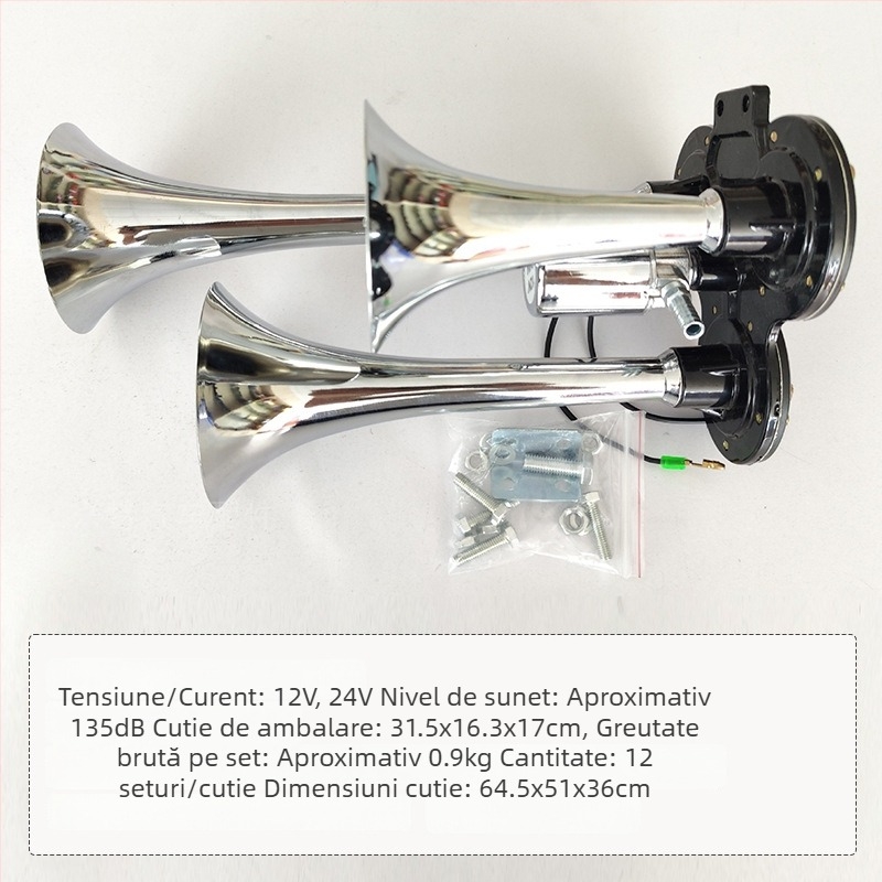 Claxon de aer 12/24V cu trei tuburi pentru camioane, cromat, 135 dB