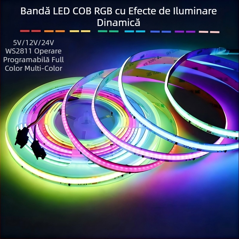 Bandă LED color WS2811 COB, lățime 10 mm, cu efect de urmărire a luminii, flux de apă, atmosferă de galop, control inteligent programabil