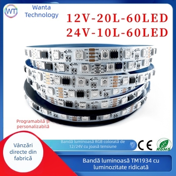 TM1934 bandă LED RGB 5050, 12V, autoadezivă, exterior, impermeabilă, iluminare programabilă