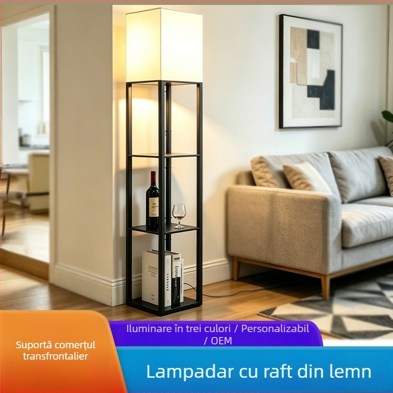 Lampă de podea cu trei etaje și raft de depozitare integrat pentru dormitor, sufragerie și birou