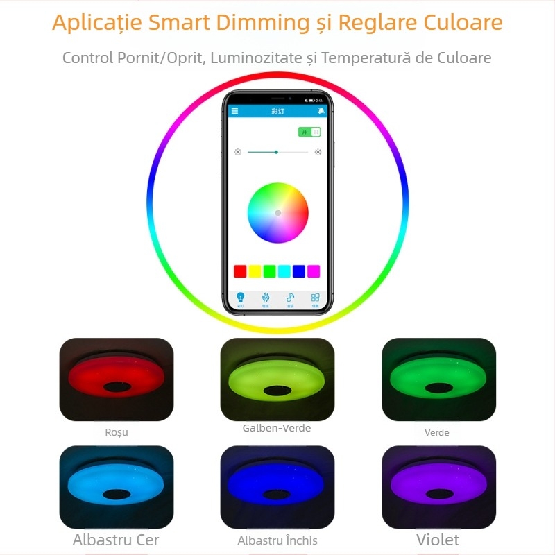 Lumină de plafon LED, design modern minimalist, rotundă, Bluetooth cu muzică, control prin aplicație, schimbare de culoare, pentru dormitor și living
