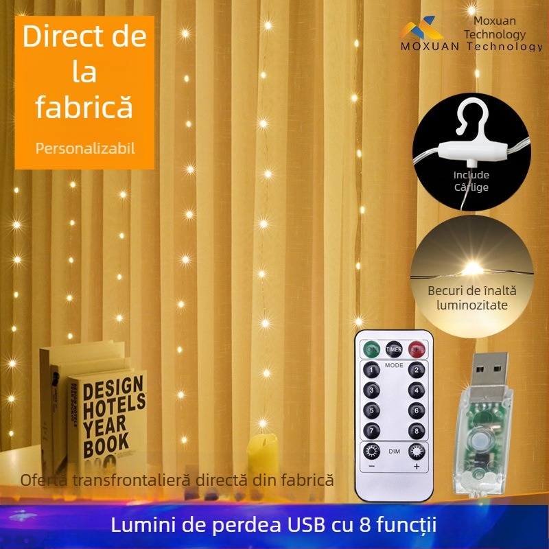 Șiruri LED cu sârmă de cupru, control USB prin telecomandă, 300 LED, decor interior de sărbători