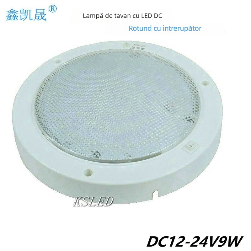 Lumină de plafon 12V pentru caravană și uz maritim, corp LED DC 9W, rotund, montaj pe suprafață cu întrerupător