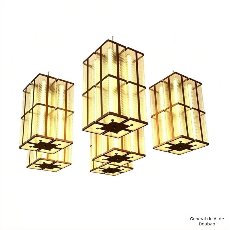 Candelabru cu șase brațe, stil chinezesc, finisaj bronz antic, pentru săli mari de banchete ale hotelurilor, design în mai multe straturi cu valuri de apă, abajur din bambus și răchită