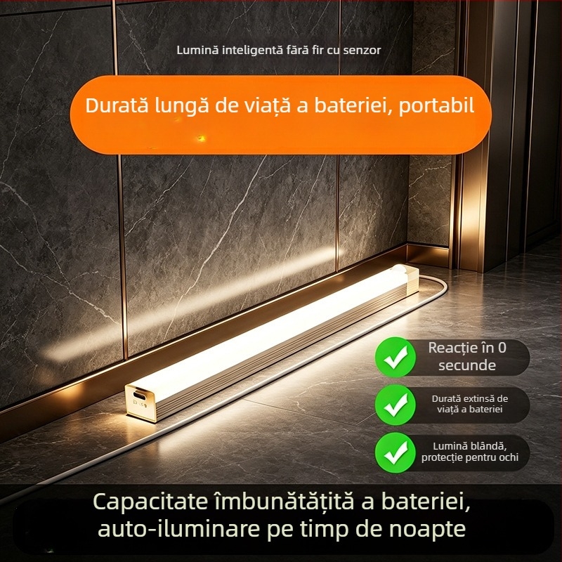 Lumină LED pentru dulap cu senzor de mișcare și montaj magnetic, reîncărcabilă pentru garderobă și vinotecă, bandă LED lungă, lampă de noapte