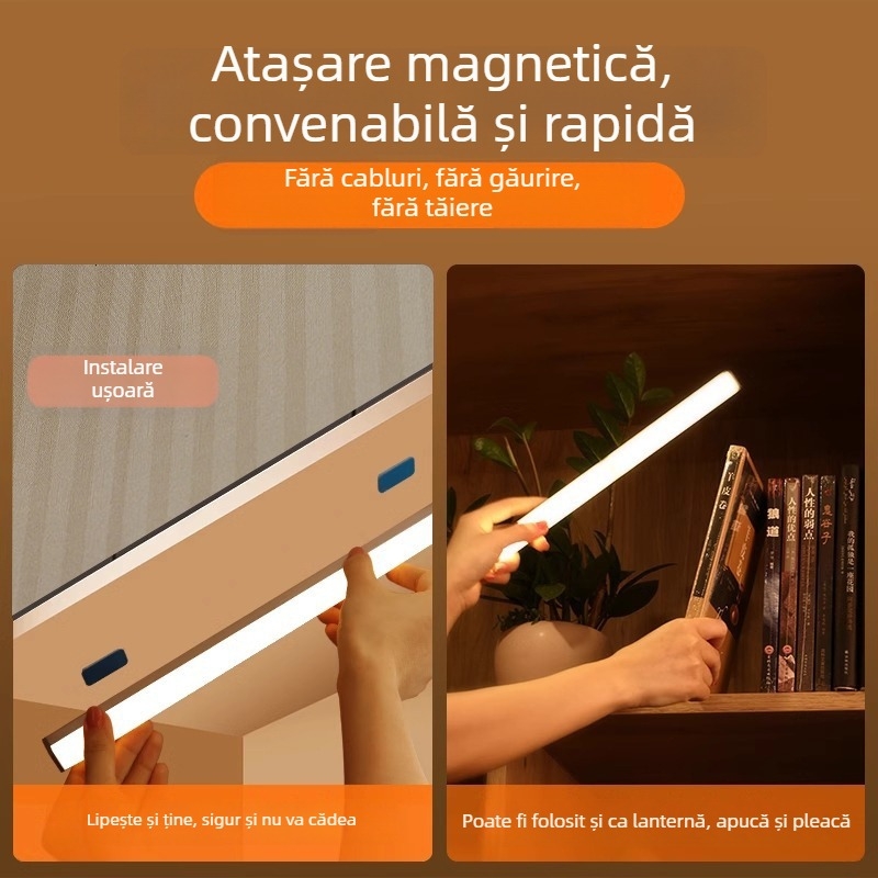 Lumină LED pentru dulap cu senzor de mișcare și montaj magnetic, reîncărcabilă pentru garderobă și vinotecă, bandă LED lungă, lampă de noapte