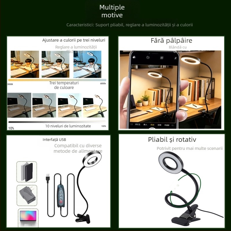 Lampă de birou LED cu clips, alimentare USB, reglabilă intensitate și temperatură a culorii, lumină pentru citit