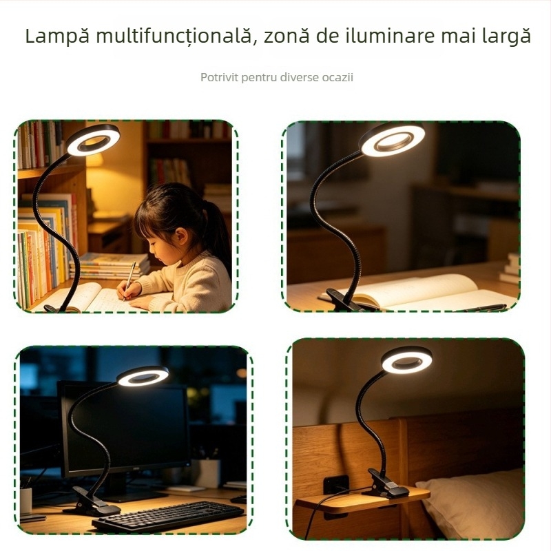 Lampă de birou LED cu clips, alimentare USB, reglabilă intensitate și temperatură a culorii, lumină pentru citit