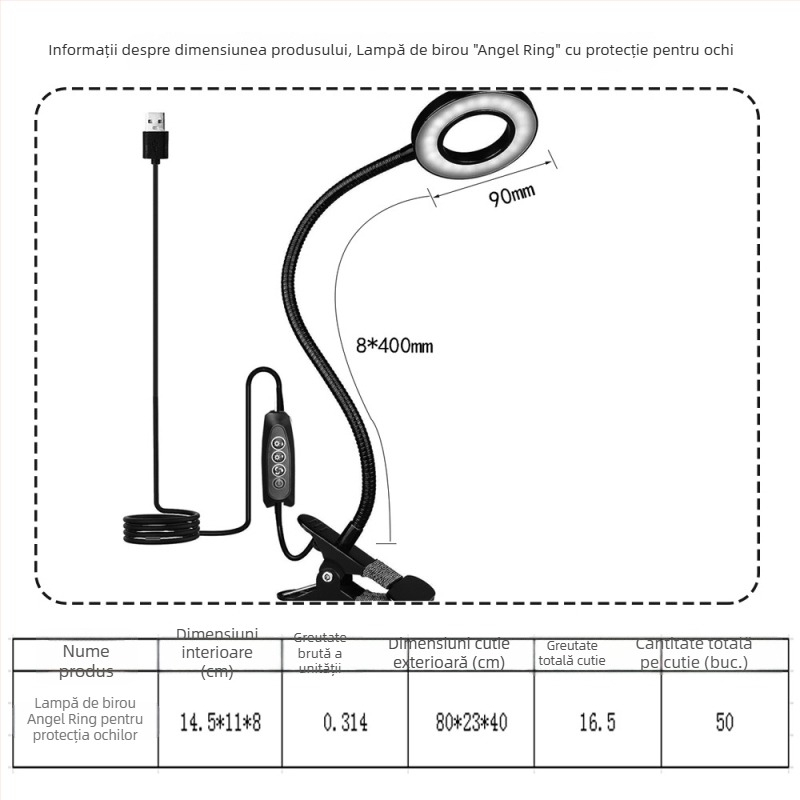 Lampă de birou LED cu clips, alimentare USB, reglabilă intensitate și temperatură a culorii, lumină pentru citit