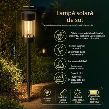 Lampă solară pentru gazon cu LED, aspect tungsten, montare în pământ, impermeabilă