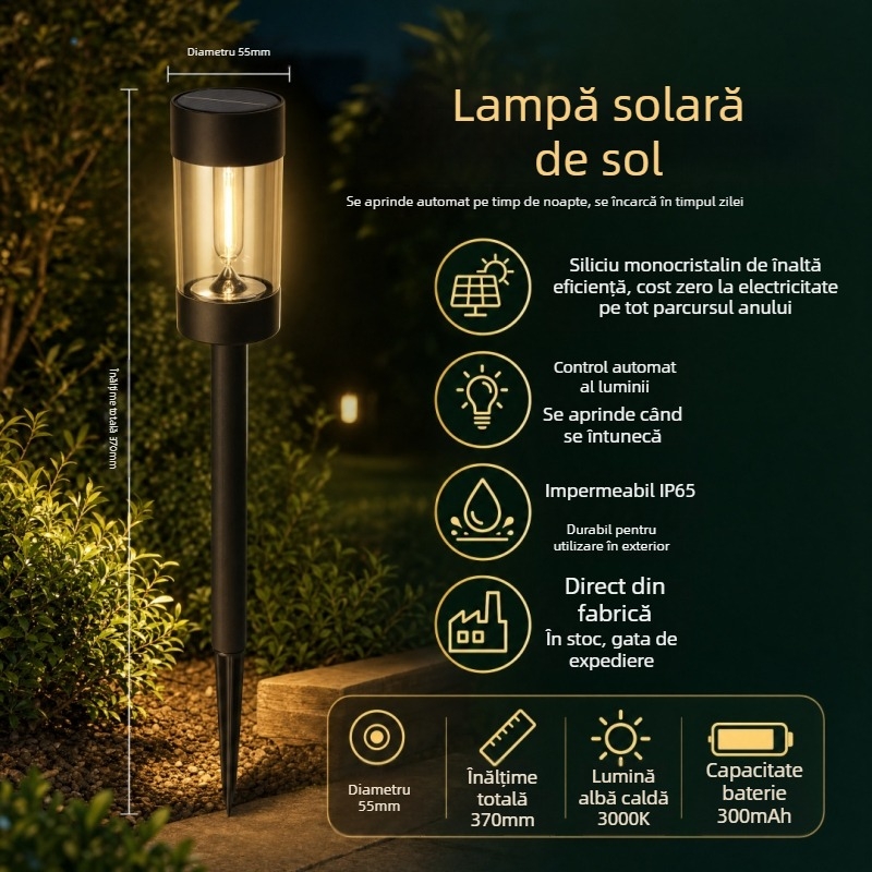 Lampă solară pentru gazon cu LED, aspect tungsten, montare în pământ, impermeabilă