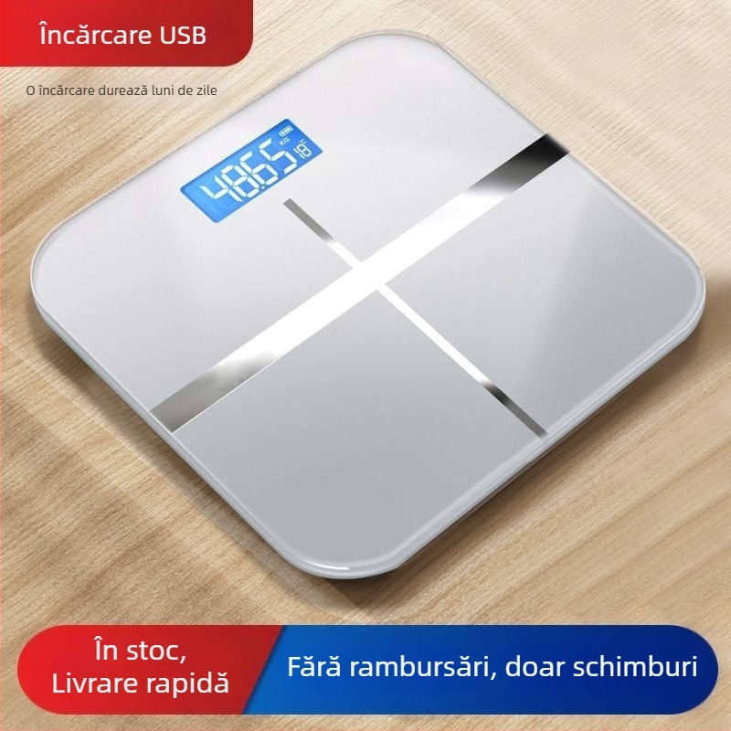 Cântar electronic inteligent pentru uz casnic, cu încărcare USB, măsurare a temperaturii camerei și analiză a grăsimii corporale pentru adulți